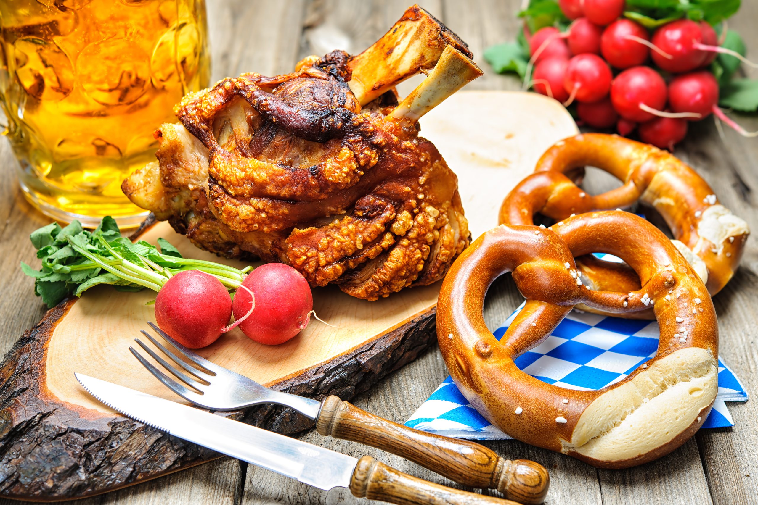 Roasted,Pork,Knuckle,With,Pretzels,And,Beer.,Oktoberfest,Menu